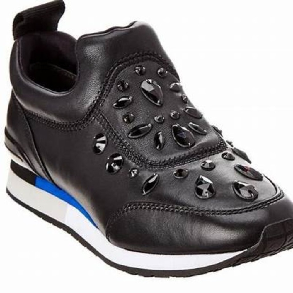 TORY BURCH LANEY CRYSTAL EMBELLISHED SLIP-ON BLACK LEATHER SNEAKERS SIZ…